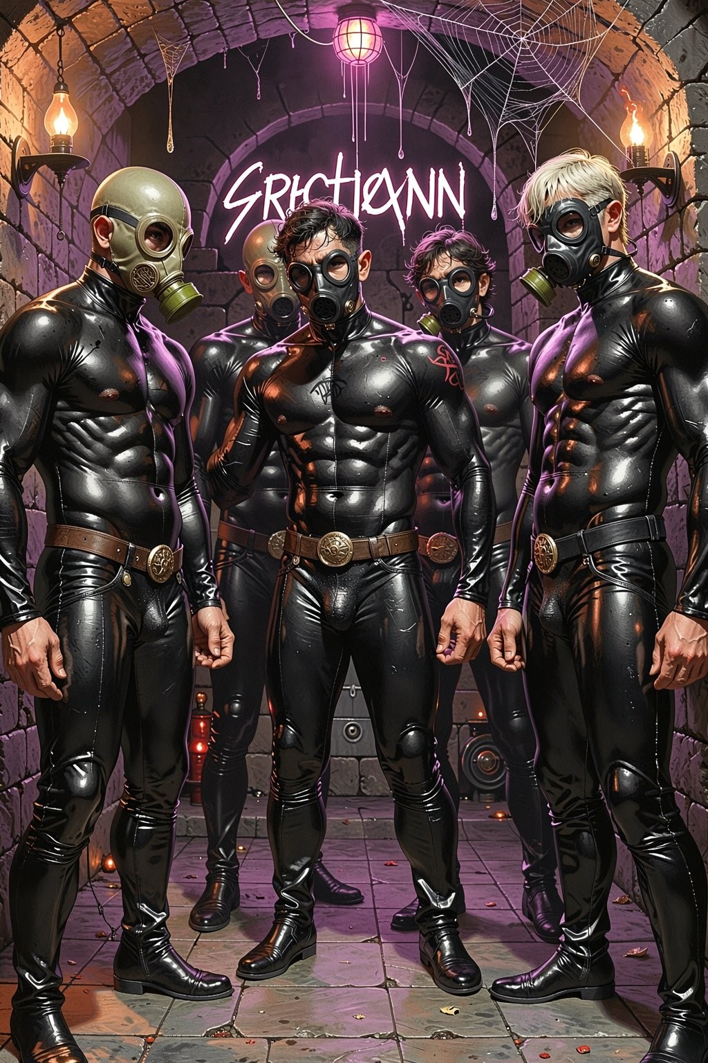 Five muscular men pose in a brick tunnel with a dark, fetishistic aesthetic, dressed in very tight, shiny black latex suits that highlight the torso, abs, and legs. They all wear gas masks or respirators, some with purple details on the tubes and filters, as well as belts with metal buckles and black boots. The lighting mixes warm torch tones with violet and pink lights, creating an industrial dungeon or underground club atmosphere. In the background there is a luminous sign with the word “SICKTOWN,” decorative cobwebs, and speakers, reinforcing a cyberpunk, gothic atmosphere of intense visual domination.