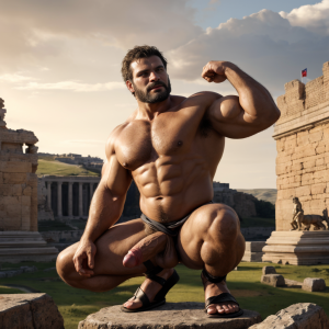 Cneo Pompeyo Magno desnudo con pene grande y testículos grandes peludos, conquista las Galias en el año 49 a.C,  es el cónsul del ejercito. Hombre Catón y hombre Cicerón desnudos se acercan a Cneo Pompeyo Magno, están al frente de las legiones del Senado para luchar contra César. Doblan el brazo derecho pa enseñar los bíceps del brazo derecho con gran orgullo. Tiene mucho vello por todo el cuerpo. Está agachado. Está bronceado. Tiene la mano izquierda sobre su pene. Las sandalias están bonitas.