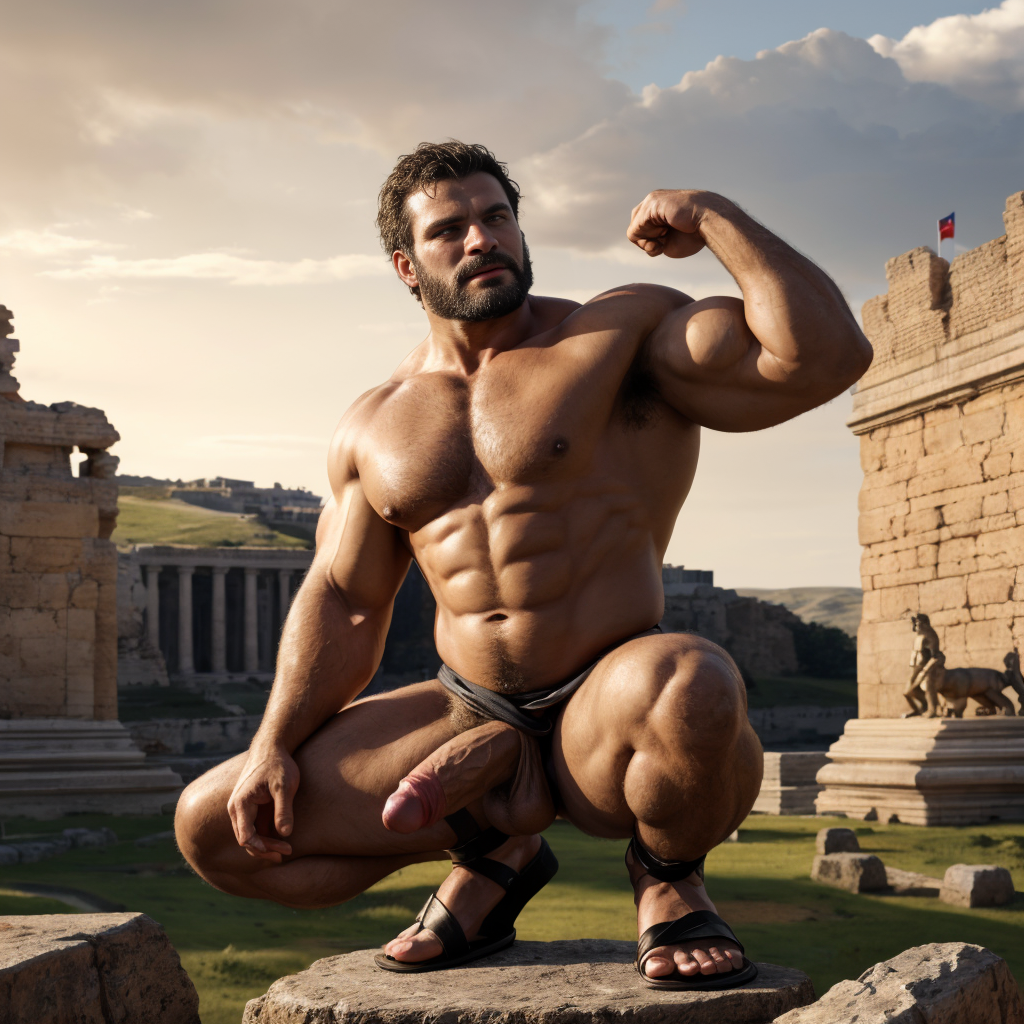Cneo Pompeyo Magno desnudo con pene grande y testículos grandes peludos, conquista las Galias en el año 49 a.C,  es el cónsul del ejercito. Hombre Catón y hombre Cicerón desnudos se acercan a Cneo Pompeyo Magno, están al frente de las legiones del Senado para luchar contra César. Doblan el brazo derecho pa enseñar los bíceps del brazo derecho con gran orgullo. Tiene mucho vello por todo el cuerpo. Está agachado. Está bronceado. Tiene la mano izquierda sobre su pene. Las sandalias están bonitas.