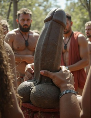 Grupo tribal adorando el ídolo fálico en un ritual de virilidad.