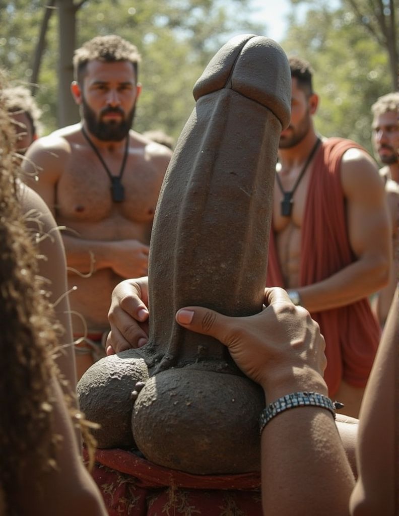 Grupo tribal adorando el ídolo fálico en un ritual de virilidad.