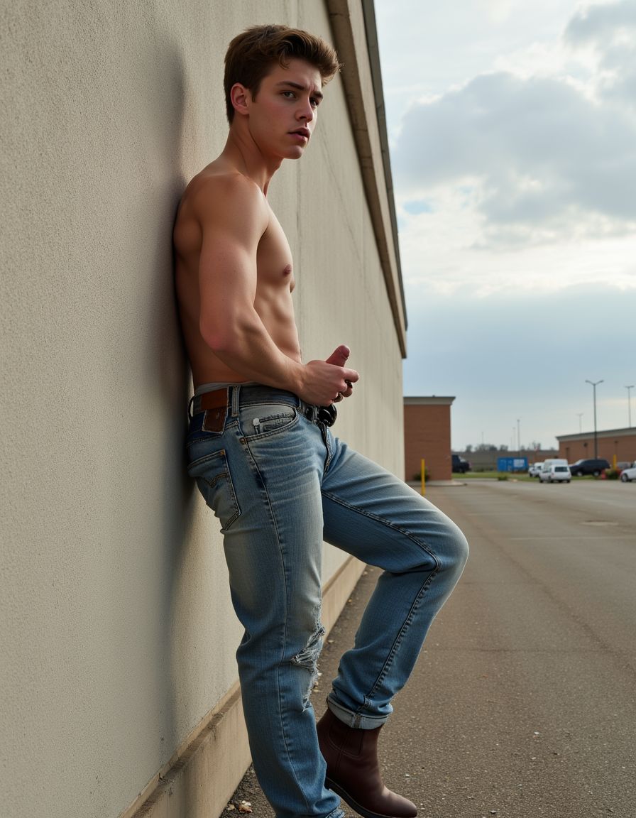Chico con jeans viejos y botas, masturbándose apoyado contra la pared de un descampado