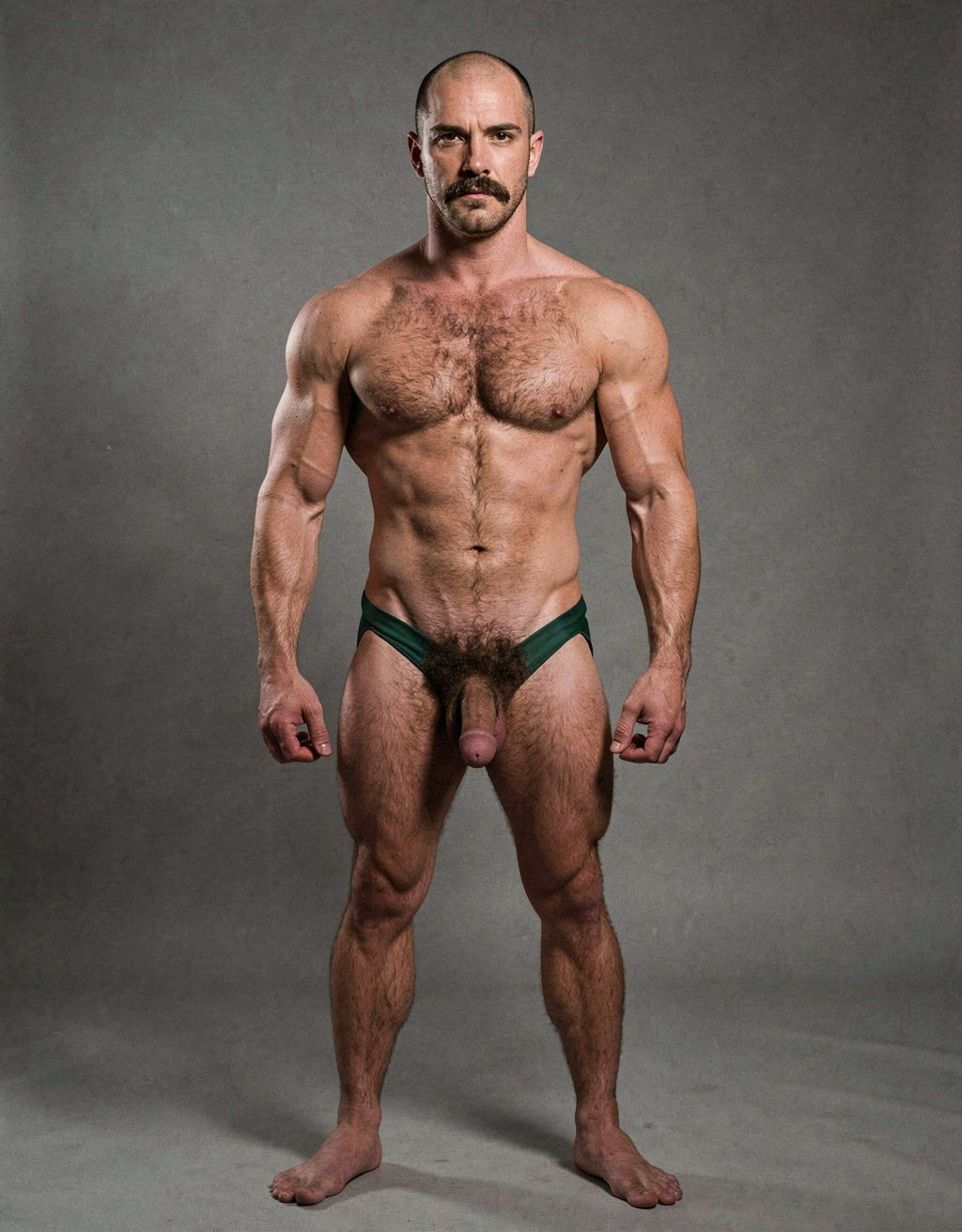 Mike Morris, a 32-year-old Caucasian male with an extremely lean and athletic physique at only 8% body fat, stands completely naked in a strict military attention pose. Full body frontal shot from the tips of his toes to the top of his head. His body is young, dry, and highly defined with sharp muscle separation, visible vascularity, and a very narrow waist. He has advanced Norwood III-IV male pattern baldness with a shiny tanned scalp on top and only short dark brown hair on the sides and back. His face is serious and commanding: square angular jaw, prominent cheekbones, thick dark handlebar mustache, heavy brows, and intense deep-set brown eyes. His massive square pectorals are pushed forward, covered in dense dark brown chest hair that forms a classic thick T-pattern running down the sternum and spreading over his sharply carved six-pack abs. Small dark nipples sit low on the pecs. A prominent trail of dark hair leads to an extremely dense, curly, dark brown pubic bush that climbs almost to his navel. His thick 14 cm flaccid cock hangs heavy over large, low-hanging, hairy testicles, the shaft skin noticeably lighter than his bronzed body. Powerful veined forearms, developed traps, defined quadriceps with clear separation, diamond-shaped calves, and slightly hairy feet complete his figure. He stands perfectly straight, chest out, shoulders back, arms rigid at his sides with fists clenched, head high and gaze fixed forward. Dramatic directional studio lighting from above and slightly to the front creates strong highlights on his dry, vascular skin and deep shadows that accentuate every muscle fiber, the texture of his dense body hair, and the extreme definition of his 8% body fat physique. Photorealistic, high-contrast, 1970s Colt Studio masculine aesthetic, grainy film texture. Tiene un bañador verde oscuro de piscina.