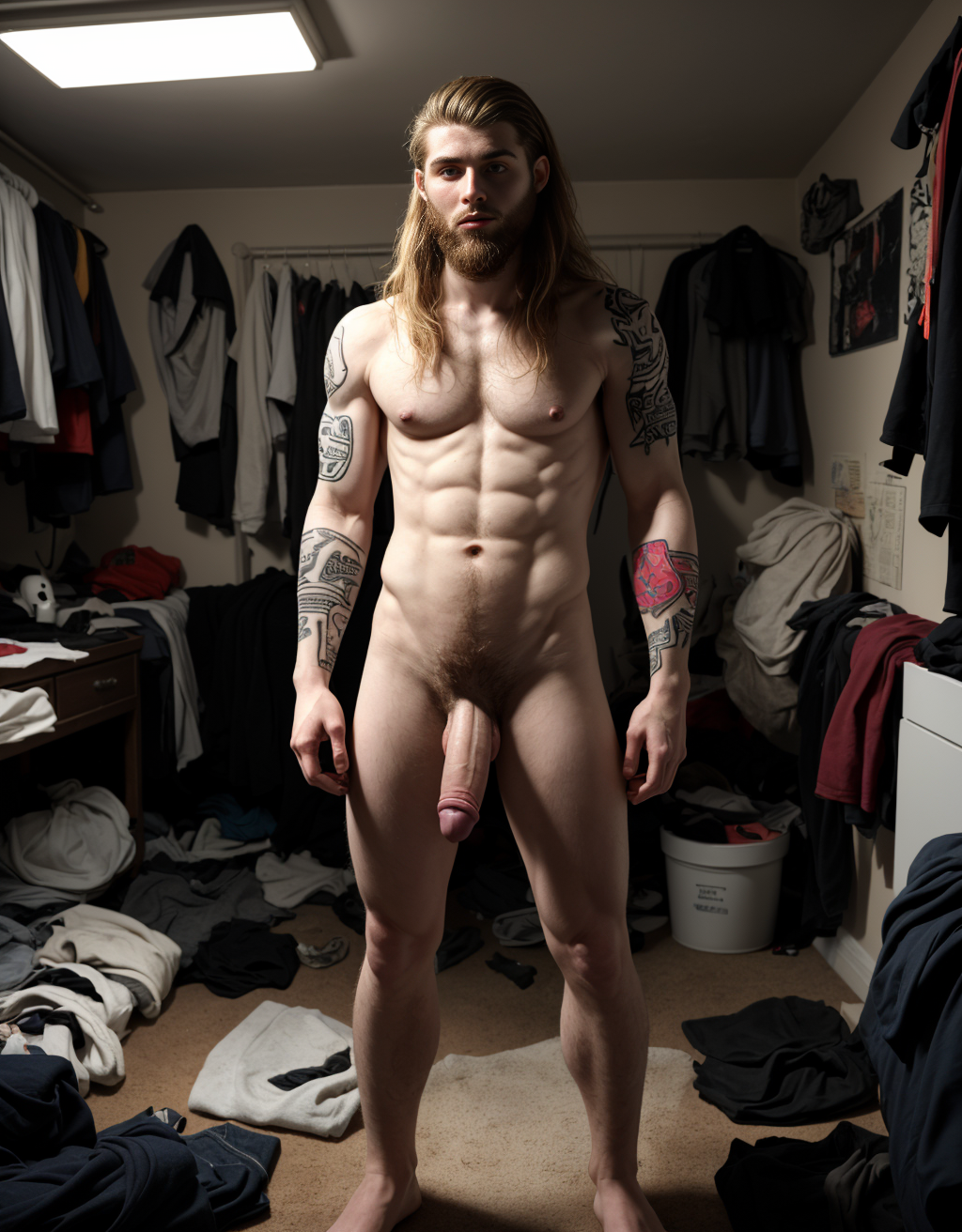 Hombre de 25 años de pie, tipo scally, pene visible, cuerpo desnudo, pene visible, tatuajes visibles, cabello largo y despeinado, barba de una semana, mirada descarada, fondo de habitación desordenada, ropa tirada, luz tenue, ambiente relajado, piel pálida, musculatura definida.