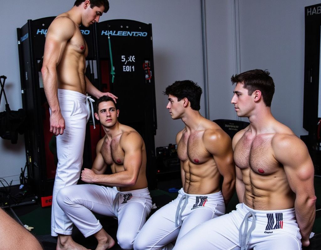 Deporte. Judo. 
Cuatro hombres en clase de judo  en pantalón blanco y los torsos desnudos, de pie se sitúa el profesor, el alumno más cercano se siente atraído por el y se dispone a hacerle una felación, pero duda y mira a sus compañeros como solicitándoles permiso, ellos, de rodillas, asienten mirando con atención la escena, deseando ver la escena. 
