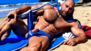 4K: hombre de 35 años de edad desnudo está acostado sobre una toalla roja en la playa, es delgado, músculos muy definidos y fibrosos y cuerpo delgado, totalmente desnudo con mucho vello por todo el cuerpo, se ven sus testículos hermosos y con mucho vello, cuerpo sudoroso y bronceado. Tiene un hermoso pene perfecto que está erecto, cada hombre sujeta fuertemente su pene con la mano derecha y eyacula. Hay ambiente de verano y la luz del Sol le da de frente iluminando sus músculos sudorosos.
