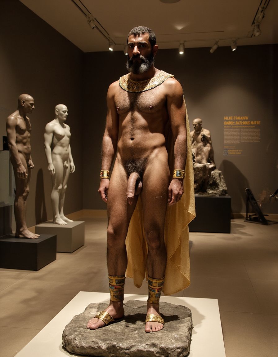 Akhenatón (originalmente llamado Amenhotep IV) fue un faraón egipcio que gobernó durante la Dinastía XVIII (Imperio Nuevo), aproximadamente entre 1353 a.C. y 1336 a.C. Es un hombre faraón de los más fascinantes y revolucionarios de la historia egipcia debido a su radical reforma religiosa. Está totalmente desnudo y en sus pies lleva sandalias de lujo de oro. Tiene un pene erecto de 20 cm de longitud y 8 cm de diámetro. Es admirado por su bello y grandioso pene en constante estado de erección de 20 cm de longitud y 9 cm de diámetro. Tiene el pene erecto. Aspecto muy masculino. Está contento de encontar otro hombre que lo ama. ¡¡ Qué felicidad!!