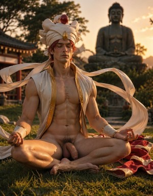 Un hombre desnudo medita sentado en postura de loto sobre la hierba, con el torso musculoso iluminado por una luz cálida de atardecer y el pene visible entre las piernas cruzadas. Lleva un turbante blanco ornamentado con detalles dorados y una esfera roja en la parte superior, además de telas claras y cintas vaporosas que flotan alrededor de su cuerpo, creando una estética ceremonial y espiritual. Al fondo aparece una gran estatua de Buda en posición meditativa, parcialmente desenfocada, junto a un templo de estilo oriental, vegetación y un cielo dorado, reforzando una atmósfera serena, mística y contemplativa.