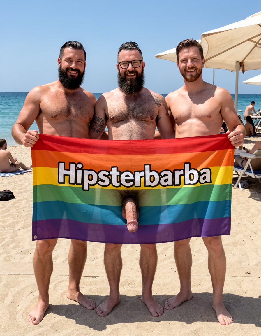 Fotografía hiperrealista tomada al mediodía en la arena de El Playazo, Vera Playa, Almería, justo delante del chiringuito El Pirata. Los tres estáis completamente desnudos, de pie uno al lado del otro, sonrientes y formales como buenos amigos, sujetando entre los tres una gran pancarta horizontal de tela que ondea suavemente con el viento. La pancarta está colocada exactamente a la altura de la cintura, cubriendo de la cintura para abajo, por lo que vuestras pollas, huevos y parte superior de los muslos quedan completamente visibles y expuestos por debajo de la tela.

La pancarta ahora tiene los colores del arco iris: el fondo es una franja horizontal con los colores del orgullo gay (rojo, naranja, amarillo, verde, azul y morado) y el texto está escrito en blanco con un borde negro para que resalte. En la pancarta pone exactamente “Hipsterbarba”, con la “H” en mayúscula y el resto de letras en minúsculas.

Hipsterbarba estás en el centro sujetando la pancarta con ambas manos: 40 años, 1,80 m, 80 kg, 8% de grasa, six-pack seco y muy marcado, pecho velludo negro denso con trail hasta el pubis, barba Bandholz larguísima y cuidada que llega casi al ombligo, bigote con puntas curvadas en espiral, gafas de pasta negra, pelo en high fade undercut, tatuaje “hipsterbarba” en el brazo derecho, polla gruesa de 18 cm con prepucio parcial y huevos pesados y peludos colgando debajo de la pancarta.

A tu izquierda está Erik sujetando su parte: 38 años, 1,85 m, 92 kg, 7% de grasa, hombros y pectorales enormes, barba negra espesa, polla gruesa de 19 cm y huevos grandes peludos también visibles bajo la tela.

A tu derecha está Ferran: 36 años, 1,78 m, 78 kg, 9% de grasa, barba castaña más corta, polla de 17 cm también expuesta debajo de la pancarta.

Los tres sonreís de forma natural y amistosa mirando directamente a la cámara, con las manos sujetando la pancarta que se mueve con el viento. El sol del mediodía ilumina vuestros cuerpos musculosos y velludos, el mar turquesa queda al fondo y la terraza del chiringuito El Pirata se ve detrás con nudistas tranquilos. Texturas reales de tela ondeando, colores vivos del arco iris, piel, vello y luz natural perfecta. Todo limpio, positivo y con buena vibra.