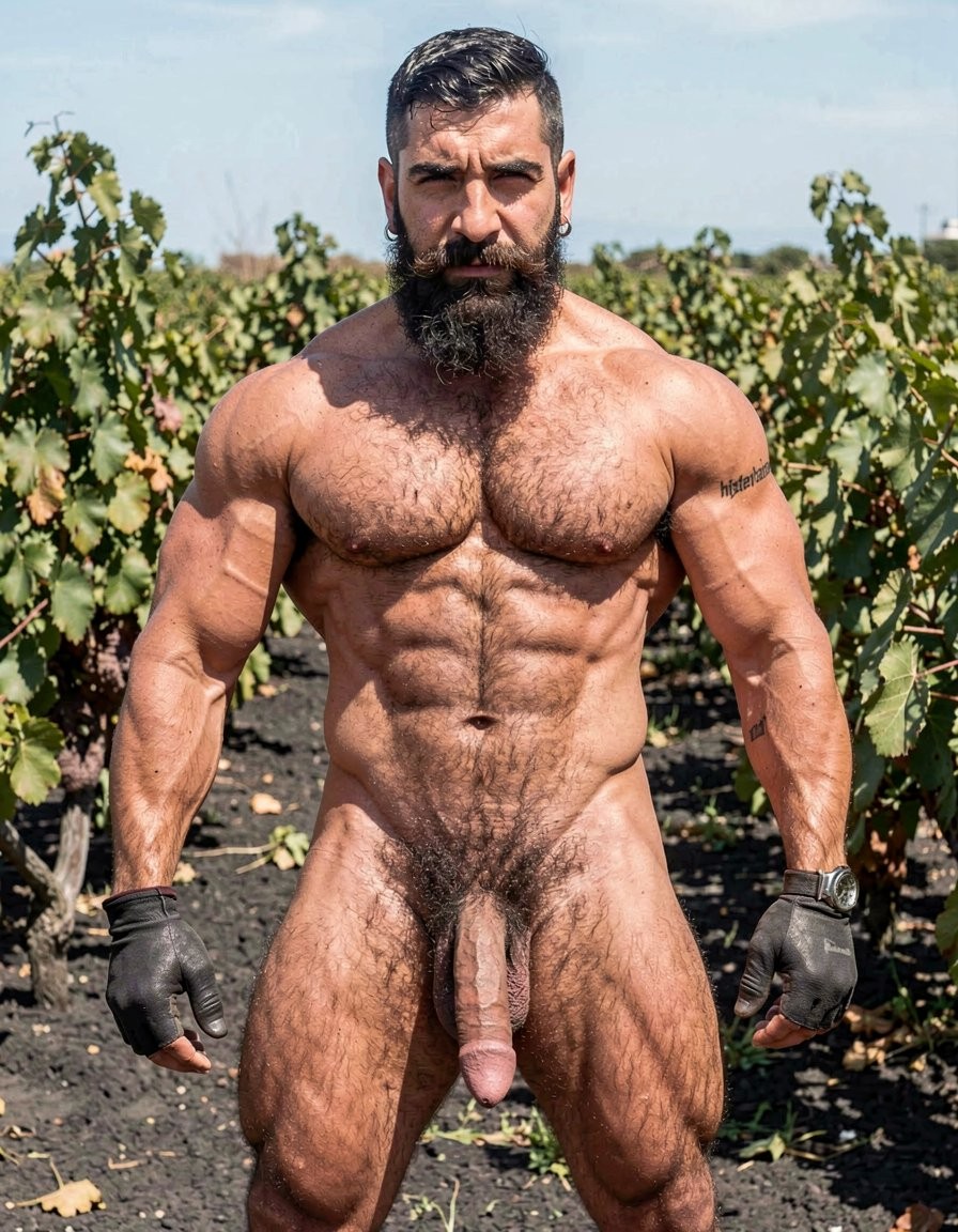 A powerful full-body frontal shot of Dimitris standing tall and imposing in the volcanic vineyards of Santorini under bright Mediterranean sunlight. He is completely naked except for his work gloves, his massively muscular body covered in thick, dense black hair from chest to pubis and down his powerful thighs. He has a high-and-tight fade haircut with short, dense, slightly wavy jet-black hair on top, a long thick well-groomed black beard that connects seamlessly to his mustache giving him a wild yet controlled look, thick dark eyebrows, heavy-lidded predatory eyes looking straight at the viewer, strong straight nose, square jaw, and a small silver hoop earring in his left ear. His neck is thick and veiny, deltoids and traps hugely developed, massive meaty pecs with a deep hairy cleavage and small dark erect nipples. His eight-pack abs are sharply defined yet realistic under a continuous thick layer of black curly hair that swirls around his navel and becomes denser downward, with pronounced obliques forming a sharp V pointing to his crotch. A small anatomical tattoo on his right biceps reads “hipsterbarba” in elegant small letters. His arms are thick, veiny and hairy, hands strong in work gloves. His waist is narrow creating a perfect V-taper, powerful hips, round hard hairy glutes. His cock is thick, long, heavy and veiny, hanging down with the foreskin partially covering the pink fleshy glans, balls large, low-hanging and extremely hairy in a wrinkled dark scrotum. Massive tear-drop quadriceps, thick adductors, developed hamstrings and hard defined calves all covered in dense black hair that thins at the knees and thickens again at the calves. The background shows lush green Assyrtiko vines growing in dark volcanic soil under a bright Santorini sky, intense natural sunlight creating strong highlights on his sweaty, tanned skin and casting realistic shadows that emphasize every muscle and every hair. Photorealistic, highly detailed, cinematic natural lighting, raw masculine power.