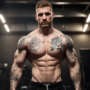 Hombre guapo fotorrealista tipo scally tatuado, musculoso, malote, con (pene visible:1.2), piel realista con poros y (vello:1.1), resolución 8k, fondo oscuro, sombras hiperrealistas, (tatuajes:1.5) detallados, ultra detallado.