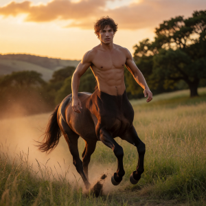 A young, athletic-looking centaur gallops through a meadow of tall grass at sunset, with a bare human torso, defined abdomen, muscular arms, and an intense expression looking forward. His lower half is that of a dark horse, with mane and tail in motion, legs raised mid-gallop and dust rising beneath the hooves, conveying speed and strength. The scene has a fantastic and epic tone, illuminated by warm golden light, with soft hills, scattered trees, and an orange sky with clouds, creating a cinematic atmosphere of wild nature, mythological creature, and dynamic energy.