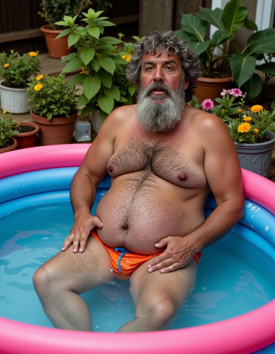 A burly man with a long gray beard and curly gray hair is sitting inside a children's inflatable pool with a pink and blue rim, filled with water up to his thighs. He is wearing orange brief-style swim trunks partially submerged, with his torso bare, abundant hair on his chest and abdomen, and a calm expression looking straight ahead. His hands rest on his thighs while he remains relaxed in the patio or garden, surrounded by pots with green plants, yellow and pink flowers, and decorative vegetation that gives a domestic, summery, and natural atmosphere.