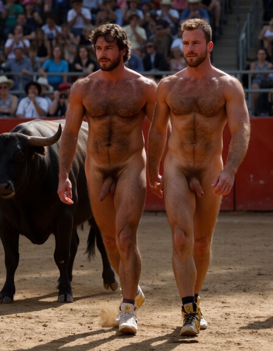 Un torero español musculoso y velludo de 50 años, con torso atlético y marcado, se muestra completamente desnudo, destacando su pene de 30 cm de longitud y 5 cm de grosor, perfectamente formado y rodeado de un denso vello púbico castaño oscuro. Sus testículos, perfectamente formados, cuelgan de forma prominente. La piel bronceada y sudorosa resalta su musculatura definida, con pectorales y abdominales bien marcados y sin grasa. El cabello largo y castaño oscuro está despeinado y sudoroso, con gotas de sudor resbalando por su frente y mejillas. Una barba incipiente y un vello corporal denso que se extiende por su pecho, piernas y brazos completan su apariencia viril. Lleva zapatillas doradas en sus pies.

A su lado, un hombre musculoso y velludo de 30 años, completamente desnudo, muestra un pene de 30 cm de longitud y 4 cm de grosor, hermoso y perfecto, rodeado de un denso vello púbico pelirrojo. Su piel bronceada y sudorosa muestra una musculatura definida, con pectorales y abdominales muy marcados. Tiene cabello pelirrojo despeinado y sudoroso. Tiene una barba pelirroja densa pero bien recortada. El vello corporal pelirrojo denso cubre su pecho, y tiene mucho vello pelirrojo en sus piernas y brazos, lo que realza su apariencia masculina y atlética. Están andando en la plaza de toros con un toro

Ambos hombres se encuentran en una plaza de toros, con sombras que resaltan su musculatura y vello corporal, creando un ambiente sensual y cargado de tensión. Están en pleno acto de pasión, con sus penes erectos y testículos prominentes ,destacando su musculatura, vello corporal y atributos viriles en una imagen impactante y llena de energía. La escena está llena de sensualidad y poder, con los dos hombres como protagonistas, en un ambiente cargado de pasión y erotismo. La imagen es híper realista, con detalles de alta calidad, y muestra la unión de los dos hombres en un acto de pasión y dominio, con sus cuerpos musculosos y velludos completamente desnudos y visibles, mostrando su excitación y pasión en cada detalle. Tienen sus penes erectos. Están totalmente desnudos. Tiene un pene de 30 cm de longitud y 5 cm de diámetro.