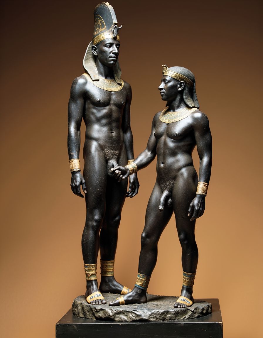 Akhenatón (originalmente llamado Amenhotep IV) fue un faraón egipcio que gobernó durante la Dinastía XVIII (Imperio Nuevo), aproximadamente entre 1353 a.C. y 1336 a.C. Es un hombre faraón de los más fascinantes y revolucionarios de la historia egipcia debido a su radical reforma religiosa. Está totalmente desnudo y en sus pies lleva sandalias de lujo de oro. Tiene un pene erecto de 20 cm de longitud y 8 cm de diámetro. Es admirado por su bello cuerpo de atleta. Tiene grandioso pene de 22 cm de longitud y 9 cm de diámetro y lo tiene en erección. Tiene el pene erecto. Aspecto muy masculino. A su lado hay otro hombre que lo ama, está frente a él con la mano derecha en su pene, cogiendo el pene con pasión, masturbando el pene, meneando la polla y acariciando su culo con amor ❤️ . Tienen todos los músculos en tensión, es una imagen muy masculina y viril.