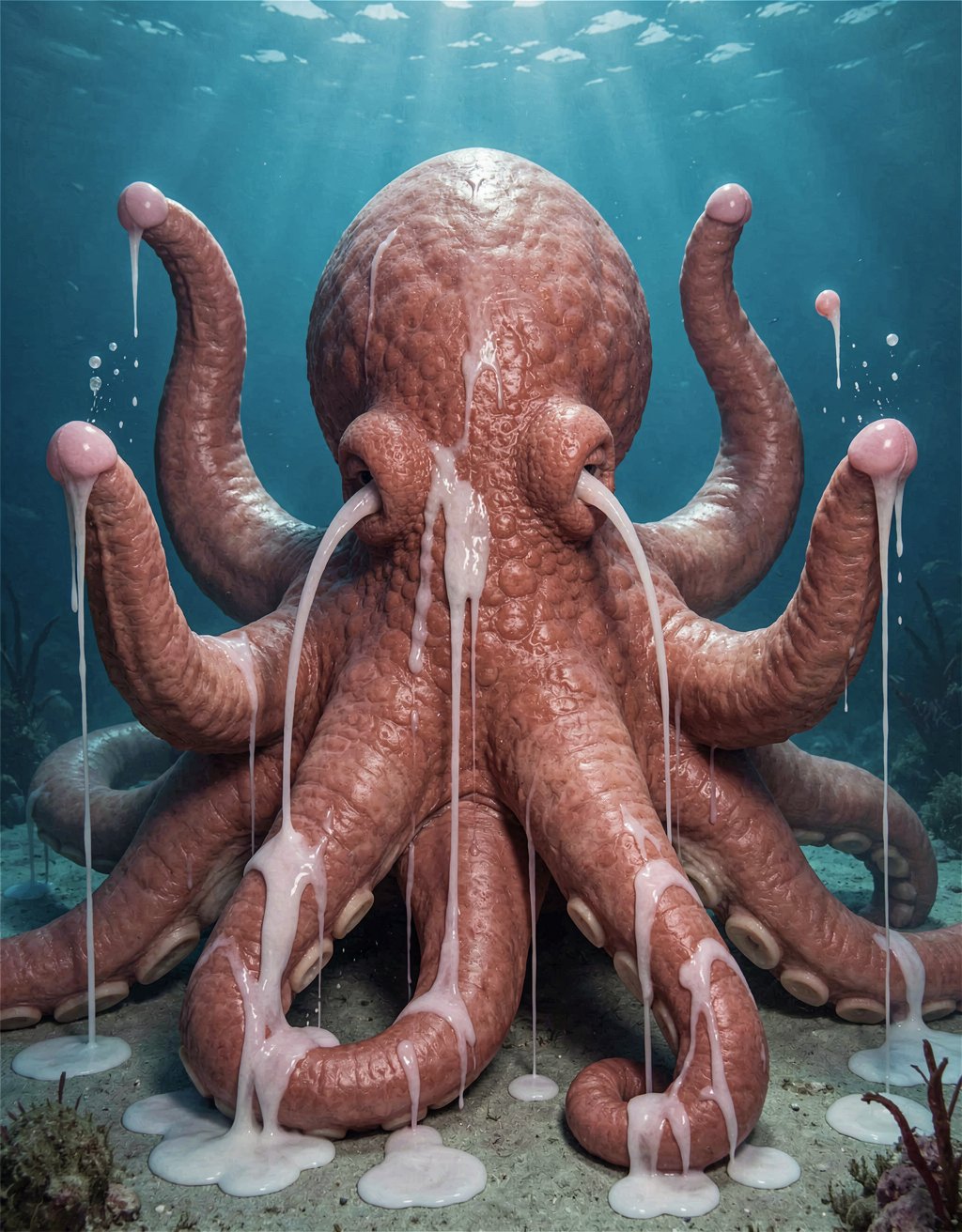 Un pulpo gigante con un cuerpo bulboso y rojo,  tiene varios penes erectos de diferentes tamaños y glande rosa que eyaculan  abundantemente, los penes  se unen a su cuerpo en lugar de sus tentáculos. Los penes eyaculan.  Cada pene es grueso y tiene una textura carnosa, con venas prominentes que recorren su longitud. Se encuentra en el fondo del mar. Todos sus tentáculos y penes eyaculan en el agua del mar. 
