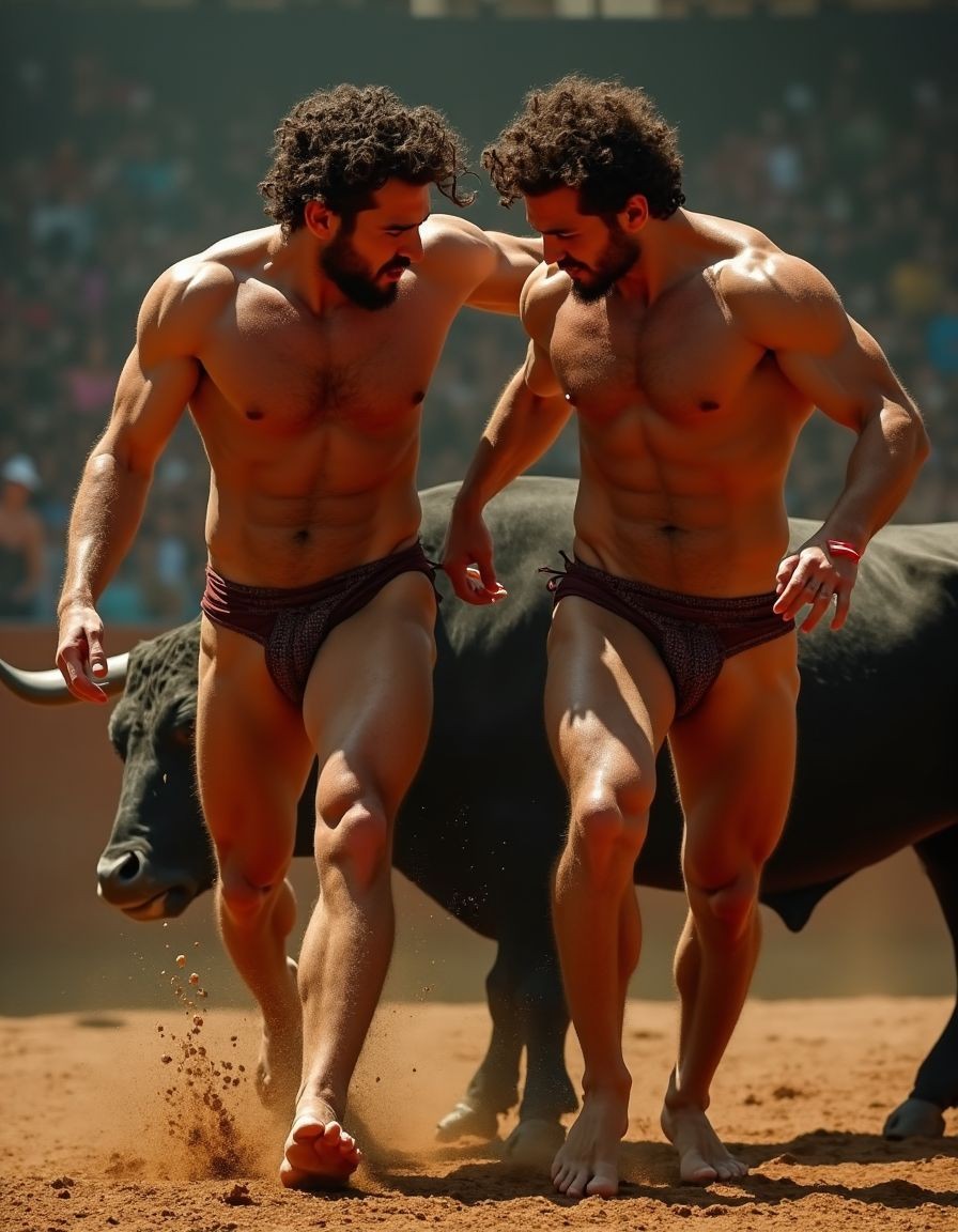 Un torero español musculoso y velludo de 50 años, con torso atlético y marcado, se muestra completamente desnudo, destacando su pene de 30 cm de longitud y 5 cm de grosor, perfectamente formado y rodeado de un denso vello púbico castaño oscuro. Sus testículos, perfectamente formados, cuelgan de forma prominente. La piel bronceada y sudorosa resalta su musculatura definida, con pectorales y abdominales bien marcados y sin grasa. El cabello largo y castaño oscuro está despeinado y sudoroso, con gotas de sudor resbalando por su frente y mejillas. Una barba incipiente y un vello corporal denso que se extiende por su pecho, piernas y brazos completan su apariencia viril. Lleva sandalias marrones en sus pies.

A su lado, un hombre musculoso y velludo de 30 años, completamente desnudo, muestra un pene erecto de 30 cm de longitud y 4 cm de grosor, hermoso y perfecto, rodeado de un denso vello púbico pelirrojo. Su piel bronceada y sudorosa muestra una musculatura definida, con pectorales y abdominales muy marcados. Tiene cabello pelirrojo despeinado y sudoroso. Tiene una barba pelirroja densa pero bien recortada. El vello corporal pelirrojo denso cubre su pecho, y tiene mucho vello pelirrojo en sus piernas y brazos, lo que realza su apariencia masculina y atlética. Están corriendo en la plaza de toros con un toro

Ambos hombres se encuentran en una plaza de toros, con sombras que resaltan su musculatura y vello corporal, creando un ambiente sensual y cargado de tensión. Están en pleno acto de pasión, con sus penes erectos y testículos prominentes ,destacando su musculatura, vello corporal y atributos viriles en una imagen impactante y llena de energía. La escena está llena de sensualidad y poder, con los dos hombres como protagonistas, en un ambiente cargado de pasión y erotismo. La imagen es híper realista, con detalles de alta calidad, y muestra la unión de los dos hombres en un acto de pasión y dominio, con sus cuerpos musculosos y velludos completamente desnudos y visibles, mostrando su excitación y pasión en cada detalle. Tienen sus penes erectos, desde la uretra del glande del pene eyaculan semen blanco lanzado en abundancia. Están totalmente desnudos.