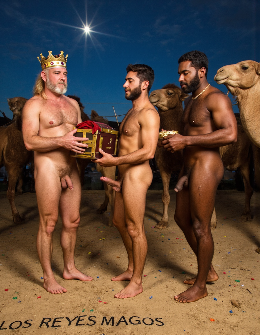 Los Reyes Magos:
Melchor es un hombre de 60 años, tiene una larga cabellera, tiene barba blanca, es de Europa. Está totalmente desnudo pero lleva corona de rey 👑, en sus manos lleva un cofre con oro. Tiene un cuerpo con músculos marcados y definidos. Tiene un pene erecto de 36 cm de longitud y 7 cm de diámetro. Tiene mucho vello corporal blanco.

Gaspar es un hombre de 30 años con rasgos asiáticos y una barba rubia, está totalmente desnudo pero lleva una corona de rey 👑, tiene un cuerpo atlético y vigoroso, tiene mucho vello corporal rubio, tiene una bandeja con incienso en sus manos.
Baltasar es un hombre de 45 años de edad proviene de África, tiene piel oscura, es moreno, lleva un tarro de mirra. Tiene cuerpo atlético con músculos muy marcados, tiene mucho vello negro rizado por todo el cuerpo, su cabello es abundante rizado y negro, tiene una barba negra abundante, tiene un enorme pene erecto de 40 cm de longitud y 9 cm de diámetro.
En el fondo hay tres camellos y la estrella de Oriente, y muchas pequeñas estrellas de colores. En el suelo está escrito: “Los Reyes Magos” en español.