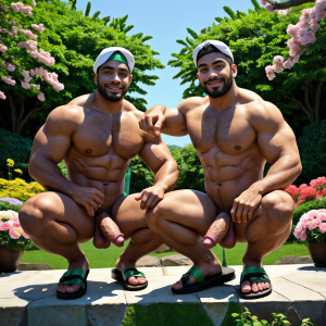 Dos hombres machos musculosos desnudos delgados muy viriles con pene grande y testículos grandes y peludos ⛓️ 🌞 🏞️. Están de pie uno está detrás del otro, 🥀 🌹 🌼 🌞 Tienen sandalias verdes en sus pies. Tienen gorras blancas en sus cabezas. Enseñan sus penes erectos tiesos hacia el frente para estar felices. 🎖️🏅 📝 😇😇. Están agachados