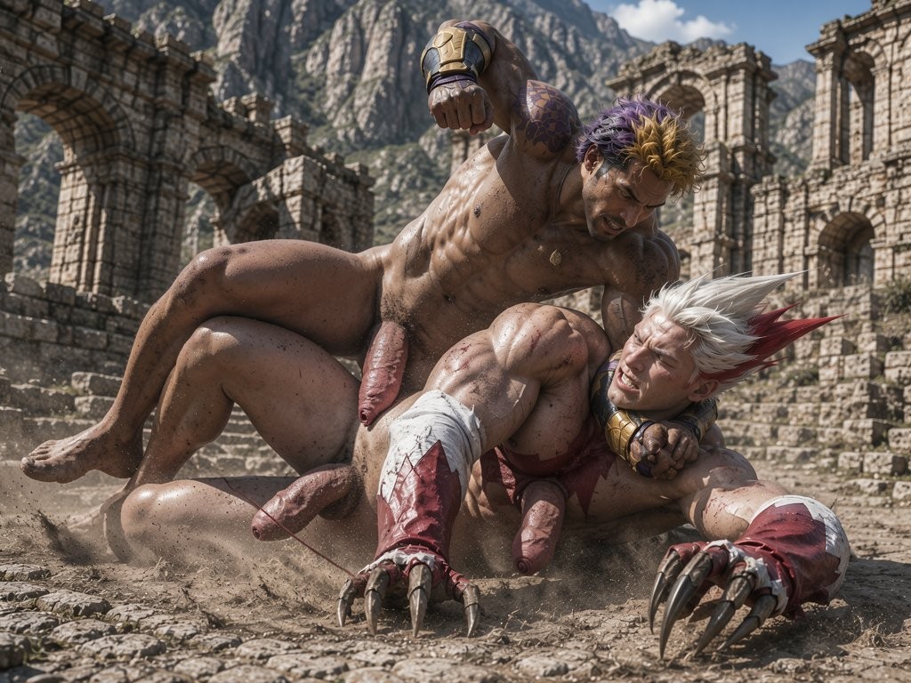 Two muscular men with a fantastical, semi-animal appearance fight hand-to-hand on a dusty stone floor, among ancient ruins of arches and columns with mountains in the background. Both are naked, their skin marked by dirt, wounds, and muscular tension; their penises are visible as they grapple in a violent, chaotic pose. The attacker, with short purple and gold hair, dominates from above with his arm raised and an aggressive expression, while the other, with white hair tipped red, falls against the ground, showing huge claws, red bracers, and a grimace of pain. The scene has a dark fantasy aesthetic, brutal combat, hybrid creatures, dust, blood, and monumental ruins.