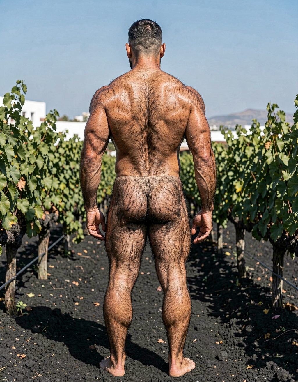 A powerful, perfectly framed full-body rear photograph of Alfredo standing completely still with his back to the camera, captured from the very top of his head all the way down to the tips of his ten toes with zero cropping whatsoever. The very young 28-year-old man is totally naked with no accessories at all. He has a clean-shaven face except for a thick, dense black mustache that gives him a very macho and virile look, short dark hair with a clean fade, strong square jaw visible from the side. Extremely virile and macho appearance despite his young age: very thick, coarse dark body hair covering almost his entire body in dense masculine patterns, heavy pelt across his wide muscular back, dense hair over his shoulders, traps, lats and especially covering his powerful round glutes. He maintains a dry, competition-level 7% body fat physique from running multiple marathons every year: brutally muscular yet lean and endurance-hardened, with thick traps, wide lats creating a dramatic V-taper, deeply etched erector spinae, visible striations across the entire back, narrow waist, massive muscular legs with defined hamstrings, hard vascular calves and dense dark hair covering every inch. His glutes are tight, round and extremely muscular with a clean hairy crack and anus clearly shown, without any penis or testicles visible between them at all, no cock or balls protruding or hanging from behind in any way. Strong veiny arms hanging relaxed at his sides, large masculine hands, strong bare feet planted firmly on the dark volcanic soil of the Santorini vineyard, every toe visible. Bright Mediterranean sunlight hits his sweaty, bronzed skin, creating sharp highlights on every muscle fiber and deep shadows that accentuate the extreme vascularity and dense body hair. Lush green Assyrtiko vines and black volcanic earth surround him. Ultra photorealistic, raw masculine power, extremely hairy and virile young stud, dry fibrous marathon-runner physique, natural cinematic lighting, full uncropped body from the top of the head to the very tips of the toes, no penis or testicles visible from behind between the glutes.