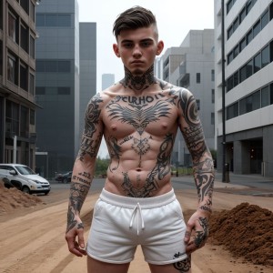 Joven tatuado, tipo scally, con calcetines blancos y mugre, pantalones cortos, torso desnudo, tatuajes visibles, mirada desafiante, fondo urbano.