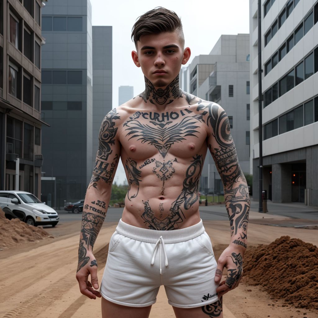 Joven tatuado, tipo scally, con calcetines blancos y mugre, pantalones cortos, torso desnudo, tatuajes visibles, mirada desafiante, fondo urbano.
