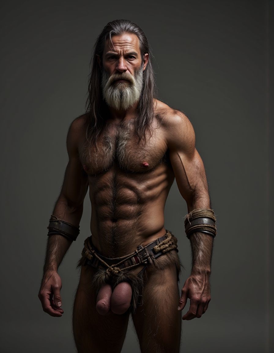 Hombre maduro de aspecto guerrero o tribal, de pie frente a un fondo gris oscuro, con el torso desnudo, musculatura muy marcada, abdomen definido y pecho velludo. Lleva el pelo largo y canoso, barba espesa blanca y gris, y una expresión seria e intensa dirigida al frente. Sus brazos fuertes están adornados con brazaletes de cuero o metal envejecido, mientras que en la cintura viste un cinturón rústico de cuero, cuerdas y pieles que apenas cubre la zona pélvica, dejando visibles el pene y los testículos. La iluminación lateral resalta la textura de la piel, las venas, el vello corporal y el aire primitivo, áspero y ceremonial del personaje.