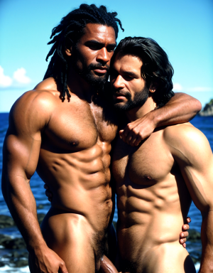 Aborigen de Tasmania del año 1800. Está en una isla al sur de Australia. Tiene pene. Tiene testículos grandes redondos y largos. Tiene mucho vello. Es salvaje y primitivo. Están en guerra Guerra Negra (Black War) del año 1828. Amor por todos los hombres fuertes y desnudos que hay a su alrededor. Te quiero. Abrazo entre dos hombres desnudos y apasionados. Felación. Masturbación. Eyaculación. 