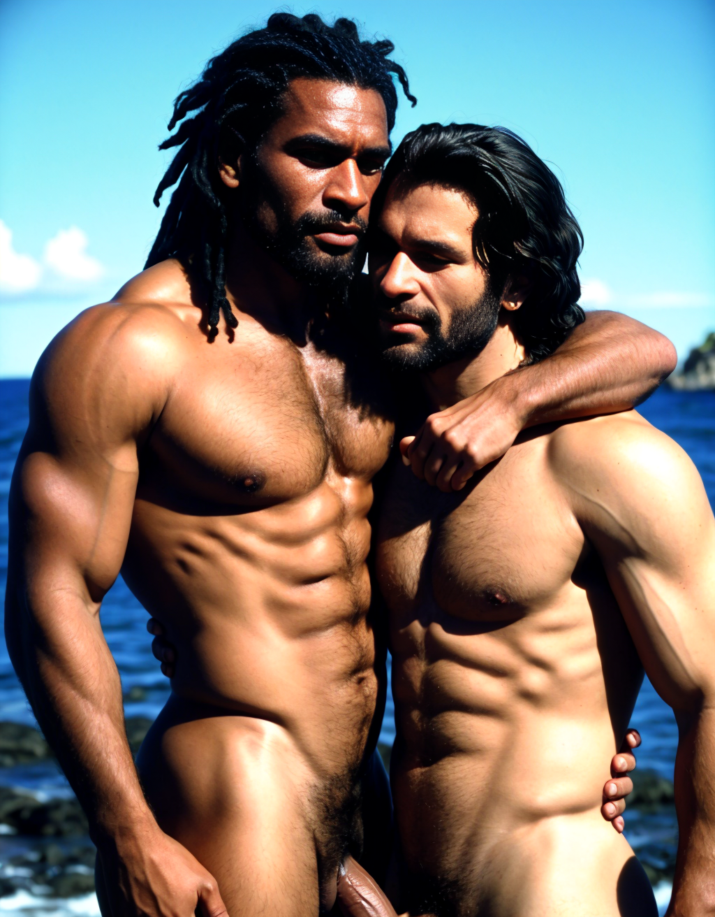 Aborigen de Tasmania del año 1800. Está en una isla al sur de Australia. Tiene pene. Tiene testículos grandes redondos y largos. Tiene mucho vello. Es salvaje y primitivo. Están en guerra Guerra Negra (Black War) del año 1828. Amor por todos los hombres fuertes y desnudos que hay a su alrededor. Te quiero. Abrazo entre dos hombres desnudos y apasionados. Felación. Masturbación. Eyaculación. 
