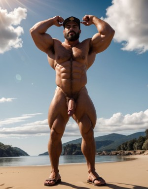 Dos hombres jóvenes musculosos y fibrosos, desnudos, con penes grandes, flotando entre nubes blancas. Tienen vello abundante en el pecho. Tienen testículos grandes. Cuerpos fuertes y viriles. Tienen una edad de 40 años. Están de espalda. Llevan gorras y llevan sandalias.