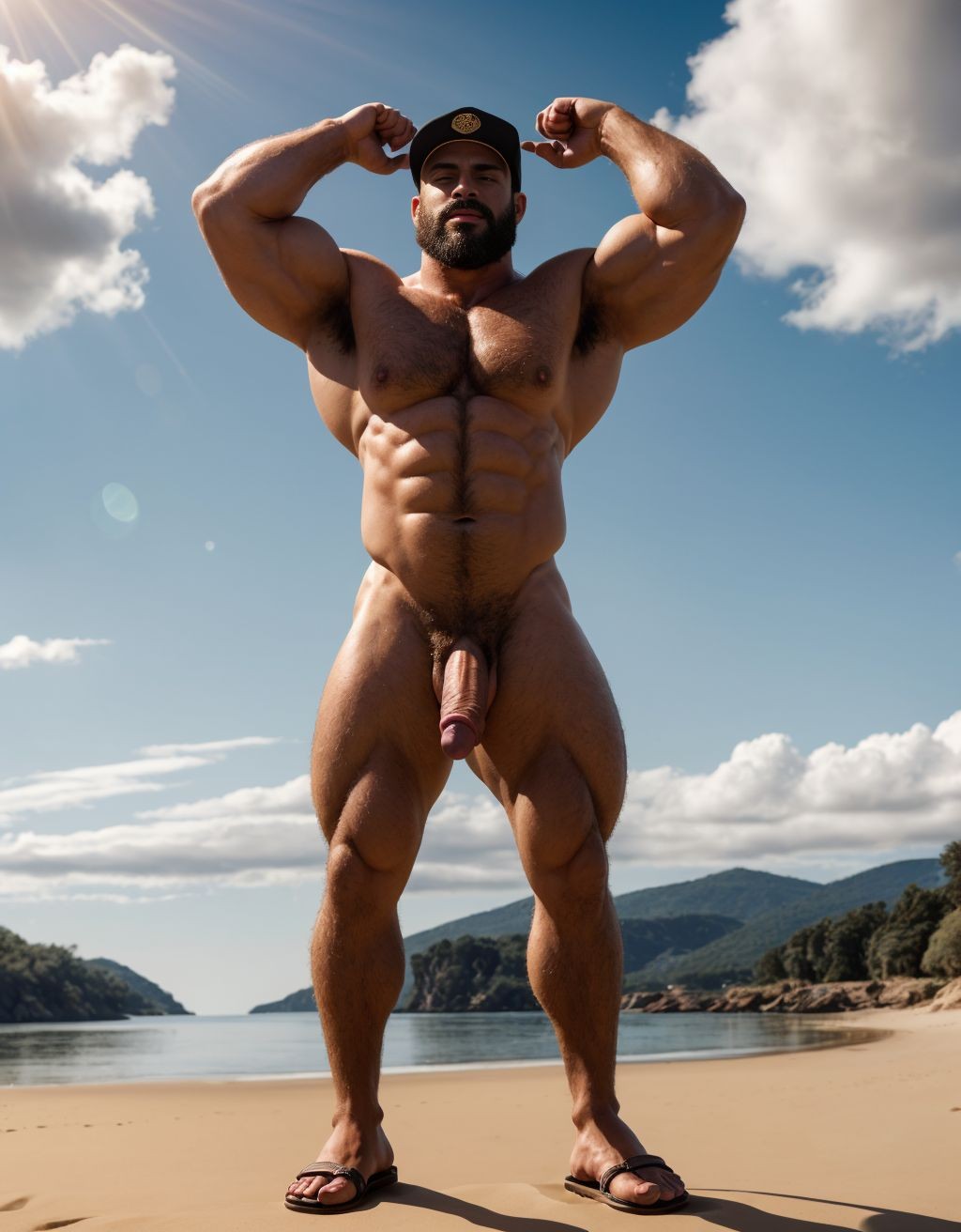 Dos hombres jóvenes musculosos y fibrosos, desnudos, con penes grandes, flotando entre nubes blancas. Tienen vello abundante en el pecho. Tienen testículos grandes. Cuerpos fuertes y viriles. Tienen una edad de 40 años. Están de espalda. Llevan gorras y llevan sandalias.