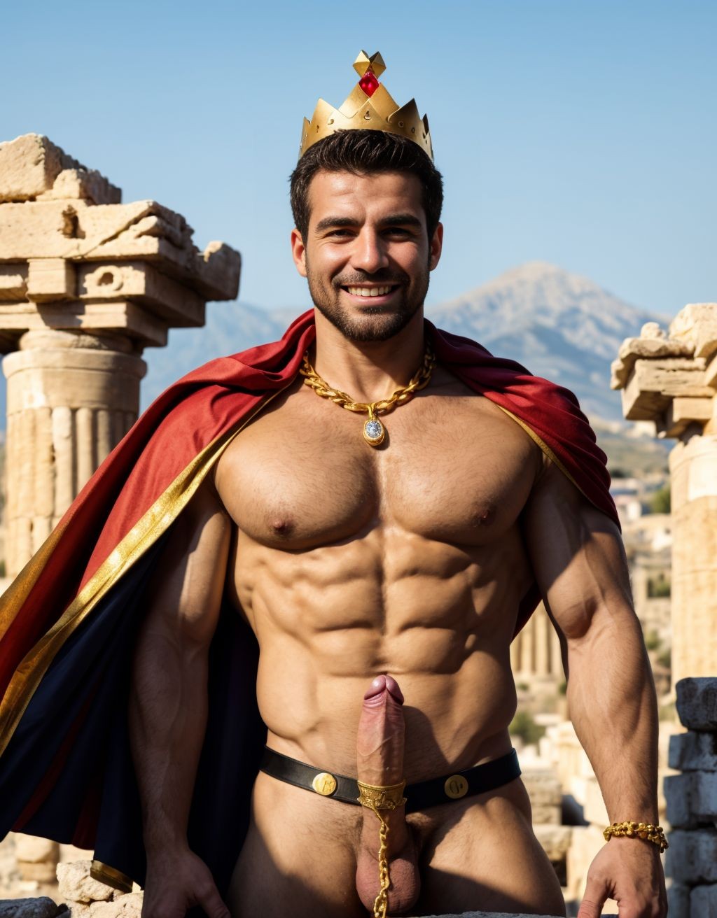 Hombre griego desnudo del siglo 1, con pene grande erecto y eyaculando semen blanco, testículos peludos, corona de oro con diamantes, cadena de oro y capa roja, en un poblado antiguo, mostrando placer y amor con una sonrisa.