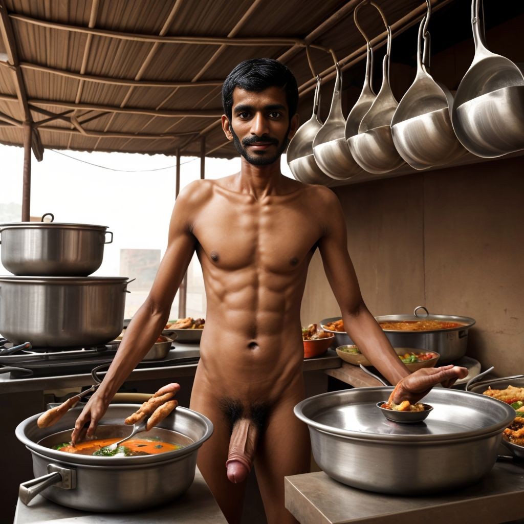 indio de la india,  flaco desnudo verga inmensa, muy flaco y verga parada rodeados de ollas  y demas utensilios llenos de comida caliente