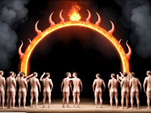 (((varios hombres))) desnudos hacen fila a la puerta del infierno, están totalmetne desnudos, detrás de un gran arco del fuego los espera el diablo. Son viciosos y están felices, gitan de júbilo mientras se besan