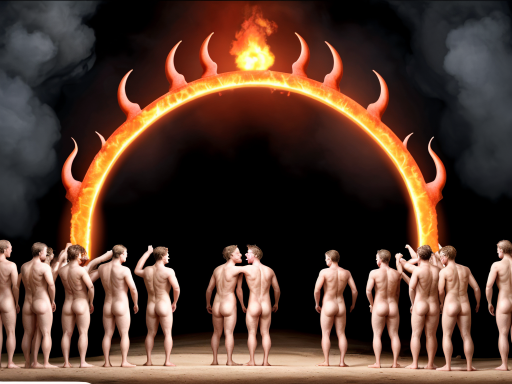 (((varios hombres))) desnudos hacen fila a la puerta del infierno, están totalmetne desnudos, detrás de un gran arco del fuego los espera el diablo. Son viciosos y están felices, gitan de júbilo mientras se besan