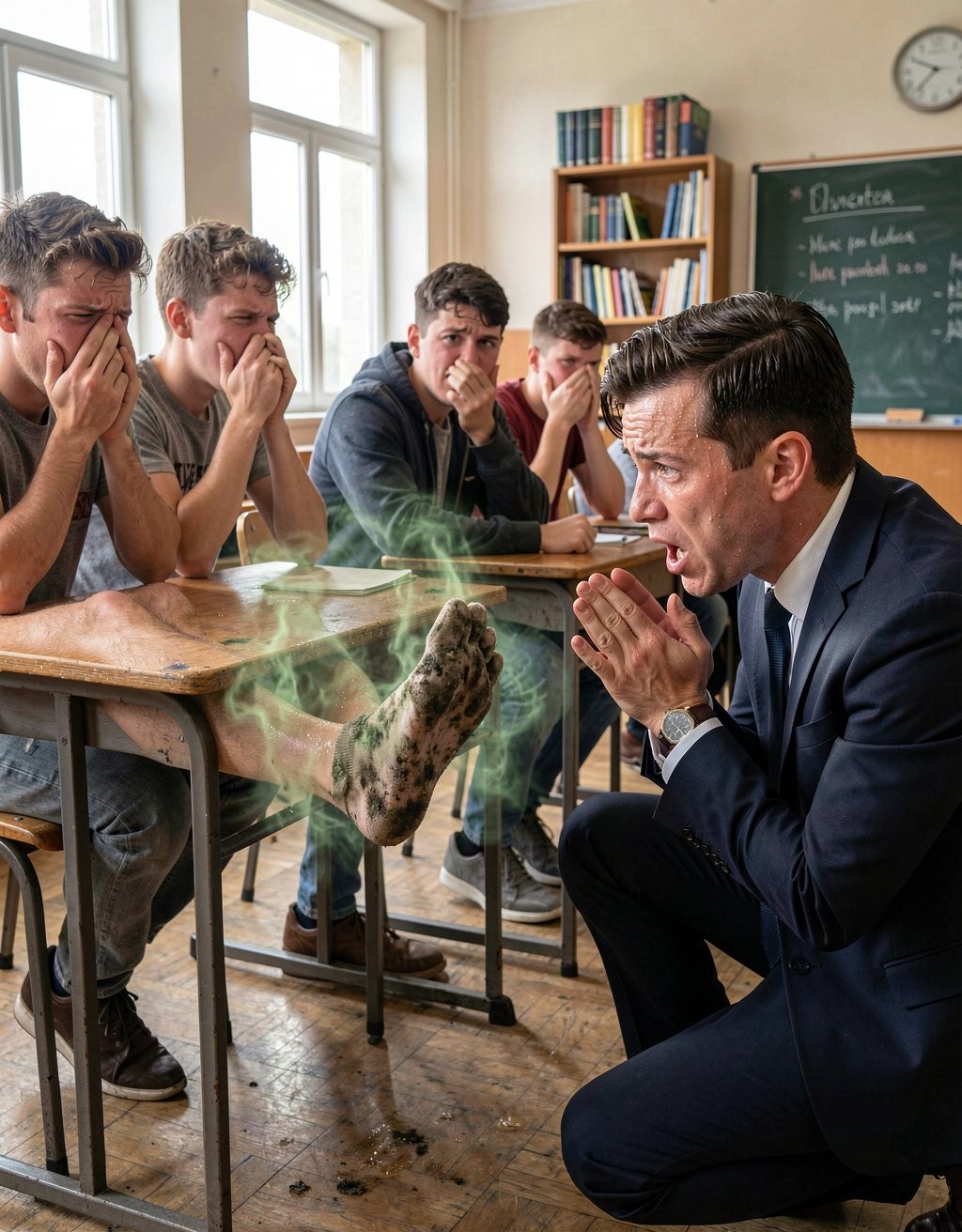 Un aula de instituto con varios alumnos sentados en pupitres, todos tapándose la nariz con gesto de asco ante un pie sucio y ennegrecido que sobresale de forma surrealista sobre la mesa, rodeado de vapores verdes que sugieren un olor nauseabundo. A la derecha, un profesor con traje azul está agachado junto al pupitre, con las manos juntas y la boca abierta, reaccionando con sorpresa y repulsión al hedor. El suelo de madera aparece manchado cerca de la mesa, reforzando la sensación de suciedad. Al fondo hay ventanas altas, una estantería con libros, una pizarra con apuntes y un reloj de pared, creando una escena escolar absurda, cómica y desagradable centrada en el mal olor del pie.
