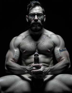 Fotografía hiperrealista en blanco y negro de un hombre adulto musculoso a la vista desde las rodillas para arriba hasta la cabeza, cuerpo muy delgado con musculación marcada y definida, rostro masculino, totalmente desnudo con polla erecta de treinta centímetros de longitud y ocho centímetros de diámetro, tiene rasgos marcados duros expresivos, barba densa poblada tupida oscura estilo hipster cubriendo completamente mandíbula mentón mejillas con grosor uniforme textura abundante muy definida, bigote denso tupido oscuro conectado perfectamente con la barba completa cubriendo completamente el labio superior, pelo oscuro medio peinado completamente recto hacia arriba con volumen considerable estilo hipster moderno quiff puntas verticales texturizadas hacia el cielo con altura prominente, cejas gruesas oscuras pobladas muy marcadas definidas, gafas de montura completa negra cuadradas grandes estilo hipster moderno sobre el puente de la nariz enmarcando unos ojos oscuros intensos que miran directamente a cámara con expresión seria penetrante confiada, expresión facial seria masculina sin sonrisa con mirada directa desafiante, pómulos marcados definidos angulares, nariz recta proporcionada, labios medios apenas visibles completamente cubiertos por bigote denso que conecta con la barba hipster completa, torso desnudo muy musculoso con pectorales enormes desarrollados y definidos, hombros anchos musculosos deltoide prominentes, brazos musculosos gruesos con bíceps y tríceps marcados visibles a ambos lados del cuerpo, abdomen tonificado marcado visible desde la cintura, piel con textura realista detallada poros imperfecciones sutiles, vello corporal denso oscuro abundante cubriendo pectorales abdomen brazos hombros con textura natural masculina muy visible, tatuaje en tinta negra en el bíceps del brazo derecho con la palabra exacta "hipsterbarba" en tipografía negra sans-serif clara legible tatuada sobre la piel del brazo de tamaño mediano visible proporcionado, iluminación dramática lateral direccional que crea contraste alto marcado entre luces brillantes y sombras profundas resaltando la estructura facial angular la barba hipster densa las gafas cuadradas grandes el vello corporal abundante la musculatura del torso los brazos y en el bíceps derecho tiene un tatuaje con la palabra a la vista: "hipsterbarba", fondo completamente oscuro negro liso uniforme desenfocado sin distracciones, fotografía analógica en blanco y negro de alto contraste con grano fotográfico sutil visible estilo retrato hipster masculino fitness, enfoque nítido absoluto perfecto en el rostro especialmente en los ojos detrás de las gafas la barba hipster densa el bigote tupido el pelo vertical el vello corporal el torso musculoso y el tatuaje en el brazo derecho con la palabra a la vista "hipsterbarba", encuadre vertical desde las rodillas cintura hacia arriba mostrando pene erecto de treinta centímetros de longitud completamente todo el torso superior los brazos musculosos y la cabeza, calidad fotográfica hiperrealista 8K máxima definición detalle extremo, renderizado cinematográfico fotorrealista profesional.