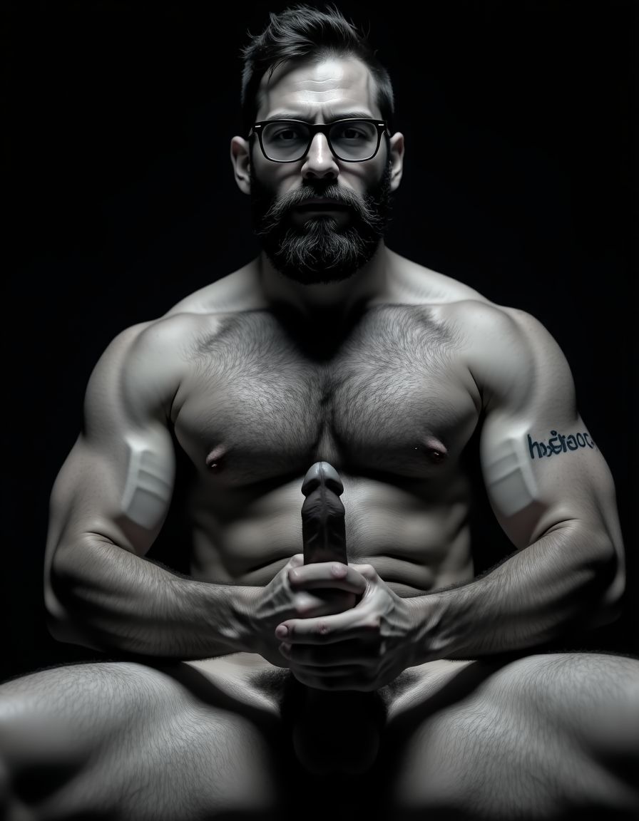 Fotografía hiperrealista en blanco y negro de un hombre adulto musculoso a la vista desde las rodillas para arriba hasta la cabeza, cuerpo muy delgado con musculación marcada y definida, rostro masculino, totalmente desnudo con polla erecta de treinta centímetros de longitud y ocho centímetros de diámetro, tiene rasgos marcados duros expresivos, barba densa poblada tupida oscura estilo hipster cubriendo completamente mandíbula mentón mejillas con grosor uniforme textura abundante muy definida, bigote denso tupido oscuro conectado perfectamente con la barba completa cubriendo completamente el labio superior, pelo oscuro medio peinado completamente recto hacia arriba con volumen considerable estilo hipster moderno quiff puntas verticales texturizadas hacia el cielo con altura prominente, cejas gruesas oscuras pobladas muy marcadas definidas, gafas de montura completa negra cuadradas grandes estilo hipster moderno sobre el puente de la nariz enmarcando unos ojos oscuros intensos que miran directamente a cámara con expresión seria penetrante confiada, expresión facial seria masculina sin sonrisa con mirada directa desafiante, pómulos marcados definidos angulares, nariz recta proporcionada, labios medios apenas visibles completamente cubiertos por bigote denso que conecta con la barba hipster completa, torso desnudo muy musculoso con pectorales enormes desarrollados y definidos, hombros anchos musculosos deltoide prominentes, brazos musculosos gruesos con bíceps y tríceps marcados visibles a ambos lados del cuerpo, abdomen tonificado marcado visible desde la cintura, piel con textura realista detallada poros imperfecciones sutiles, vello corporal denso oscuro abundante cubriendo pectorales abdomen brazos hombros con textura natural masculina muy visible, tatuaje en tinta negra en el bíceps del brazo derecho con la palabra exacta 