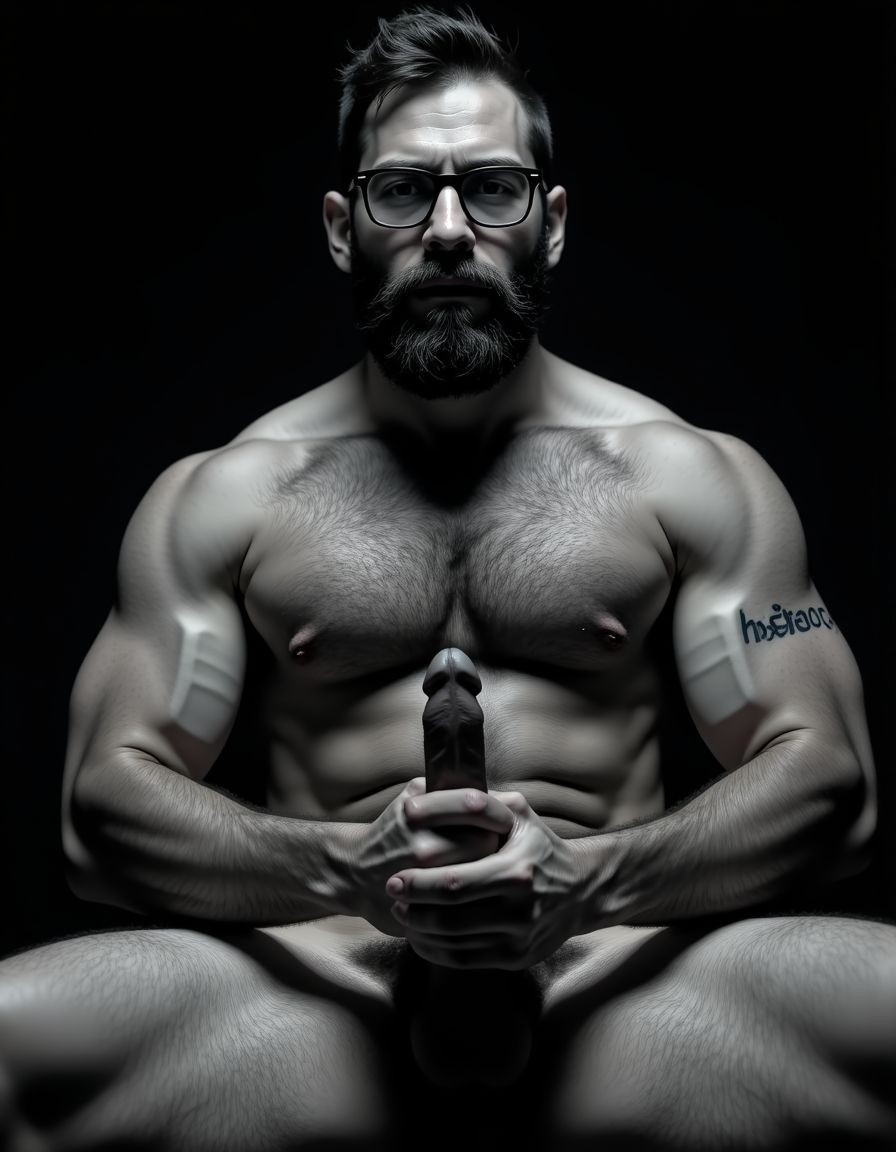 Fotografía hiperrealista en blanco y negro de un hombre adulto musculoso a la vista desde las rodillas para arriba hasta la cabeza, cuerpo muy delgado con musculación marcada y definida, rostro masculino, totalmente desnudo con polla erecta de treinta centímetros de longitud y ocho centímetros de diámetro, tiene rasgos marcados duros expresivos, barba densa poblada tupida oscura estilo hipster cubriendo completamente mandíbula mentón mejillas con grosor uniforme textura abundante muy definida, bigote denso tupido oscuro conectado perfectamente con la barba completa cubriendo completamente el labio superior, pelo oscuro medio peinado completamente recto hacia arriba con volumen considerable estilo hipster moderno quiff puntas verticales texturizadas hacia el cielo con altura prominente, cejas gruesas oscuras pobladas muy marcadas definidas, gafas de montura completa negra cuadradas grandes estilo hipster moderno sobre el puente de la nariz enmarcando unos ojos oscuros intensos que miran directamente a cámara con expresión seria penetrante confiada, expresión facial seria masculina sin sonrisa con mirada directa desafiante, pómulos marcados definidos angulares, nariz recta proporcionada, labios medios apenas visibles completamente cubiertos por bigote denso que conecta con la barba hipster completa, torso desnudo muy musculoso con pectorales enormes desarrollados y definidos, hombros anchos musculosos deltoide prominentes, brazos musculosos gruesos con bíceps y tríceps marcados visibles a ambos lados del cuerpo, abdomen tonificado marcado visible desde la cintura, piel con textura realista detallada poros imperfecciones sutiles, vello corporal denso oscuro abundante cubriendo pectorales abdomen brazos hombros con textura natural masculina muy visible, tatuaje en tinta negra en el bíceps del brazo derecho con la palabra exacta 