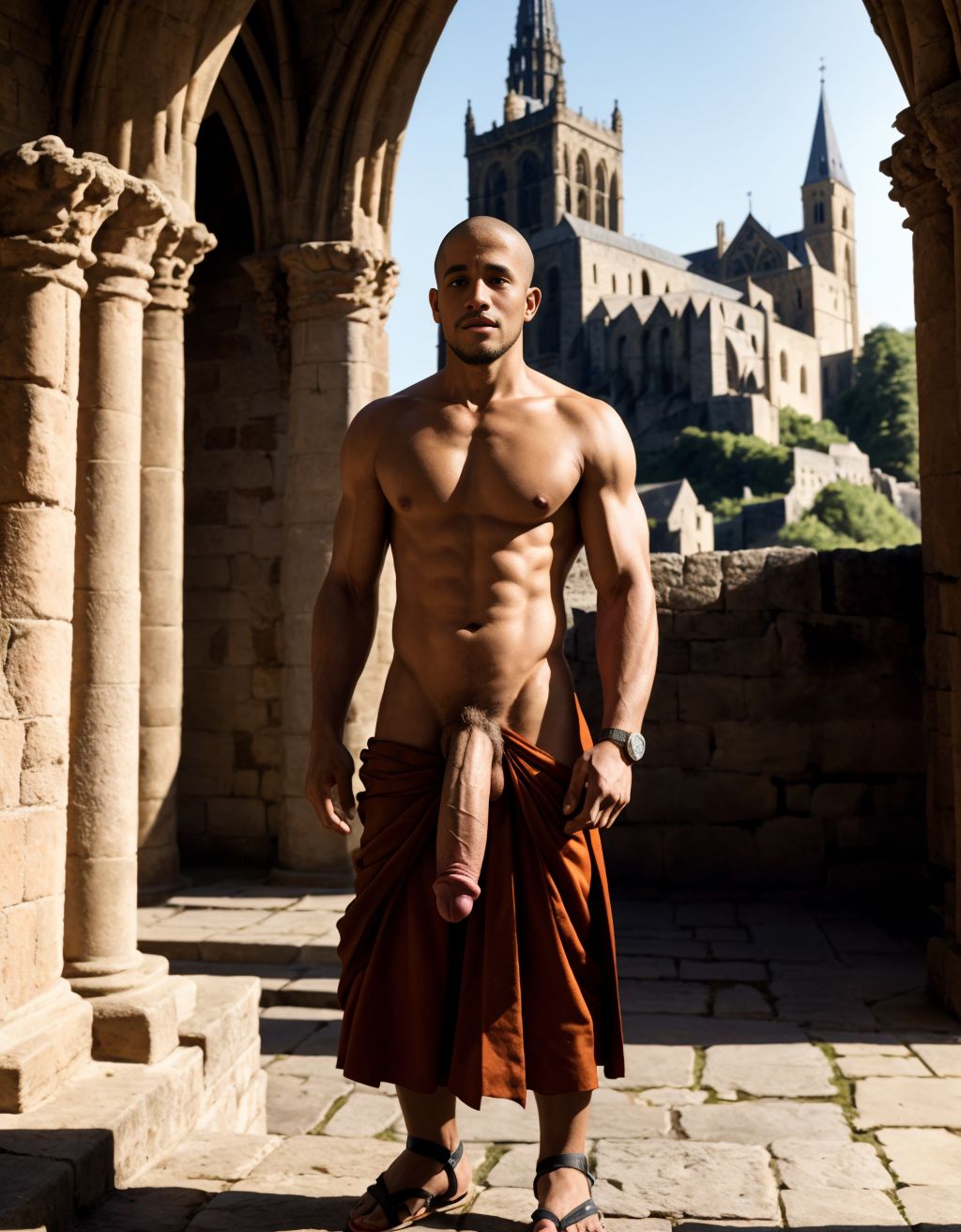 Un monje desnudo, tiene pene grande y tiene testículos gordos. Está en la abadía medieval normanda de Mont Saint-Michel. Es el escenario de la peculiar forma de vida del monje donde se pautan meticulosamente el sexo entre hombres con amor oral y con amor anal. Contemplación de los cuerpos de hombres desnudos y descanso. Está el Reloj de la sabiduría de Enrique Susón del siglo XV. Tiene un pene grande perfecto. Tiene sandalias en los pies.