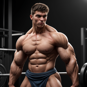 joven de 20 años con cara angelical e inocente, cuerpo extremadamente musculoso y definido, pecho desarrollado sobresaliendo 15cm, brazos de 48cm de circunferencia, hombros anchos de 130cm, cuello grueso de 44cm, trapecios prominentes, venas marcadas en brazos y antebrazos, músculos cuádriceps definidos, postura dominante y segura, expresión confiada, iluminación dramática que resalta la musculatura, sin camisa, físico de culturista profesional, contraste entre rostro joven y cuerpo de gladiador, pose poderosa, fondo de gimnasio desenfocado, realismo fotográfico, alta definición, sin censura