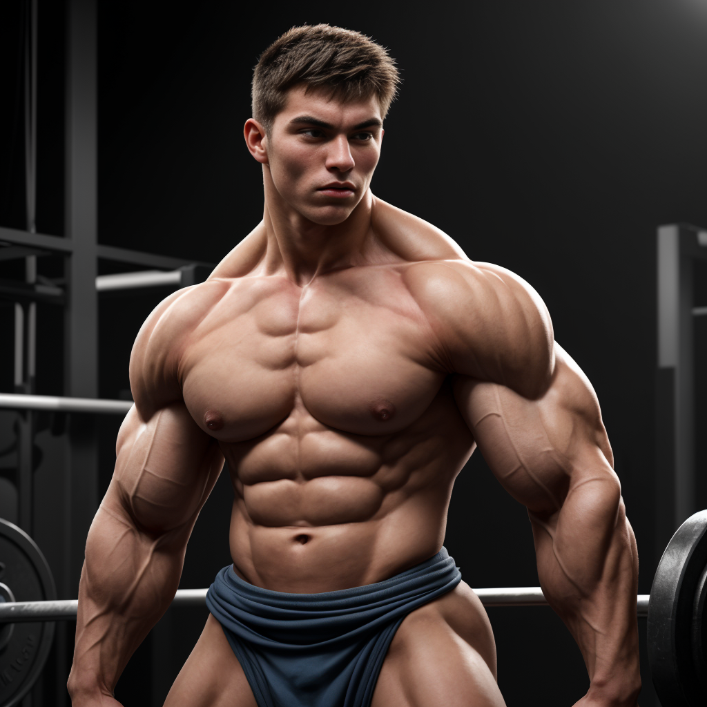 joven de 20 años con cara angelical e inocente, cuerpo extremadamente musculoso y definido, pecho desarrollado sobresaliendo 15cm, brazos de 48cm de circunferencia, hombros anchos de 130cm, cuello grueso de 44cm, trapecios prominentes, venas marcadas en brazos y antebrazos, músculos cuádriceps definidos, postura dominante y segura, expresión confiada, iluminación dramática que resalta la musculatura, sin camisa, físico de culturista profesional, contraste entre rostro joven y cuerpo de gladiador, pose poderosa, fondo de gimnasio desenfocado, realismo fotográfico, alta definición, sin censura