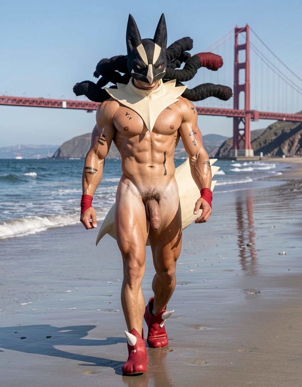 Un hombre muy musculoso camina por la orilla de una playa con el puente Golden Gate al fondo, vestido con un llamativo atuendo de fantasía inspirado en un personaje animal o demoníaco: lleva una máscara negra con orejas largas, detalles claros en la cara y varias extensiones oscuras saliendo detrás de la cabeza como colas o mechones. Su torso está desnudo, con abdominales marcados, tatuajes pequeños en brazos y pecho, muñequeras rojas y una pieza blanca tipo capa o cuello rígido que cae hacia atrás. La parte inferior queda prácticamente descubierta, con el pene visible y vello púbico, mientras avanza descalzo dentro de unas botas rojas exageradas con pinchos blancos. El mar, la arena húmeda, las olas suaves y los barcos refuerzan el ambiente costero y soleado.