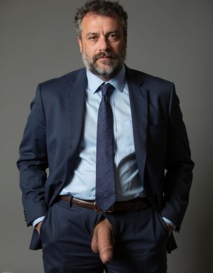 un ejecutivo de 50 años vestido con traje azul marino y corbata tiene la bragueta de su pantalón abierta y por ella sale su polla de unos 30 centímetros y sus cojones colgando detrás que están llenos de pelos. La cara del ejecutivo muestra rasgos de enfado tras una barba poblada y unas cejas espesas, es moreno y de piel blanca 