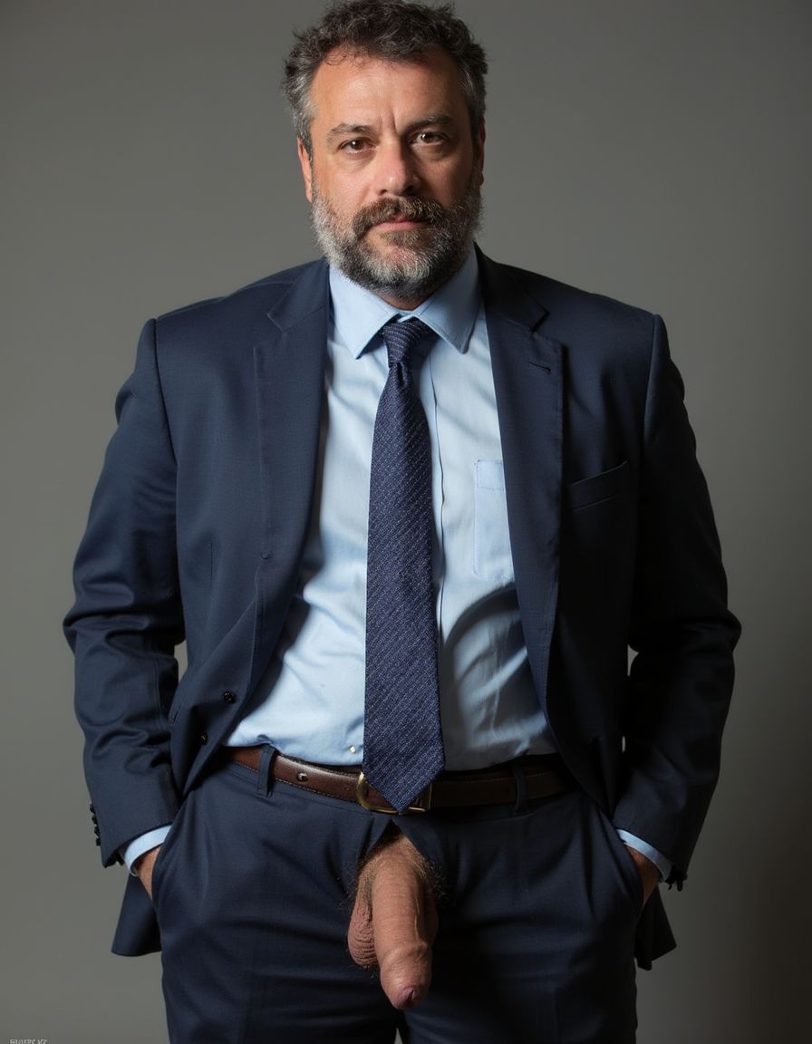 un ejecutivo de 50 años vestido con traje azul marino y corbata tiene la bragueta de su pantalón abierta y por ella sale su polla de unos 30 centímetros y sus cojones colgando detrás que están llenos de pelos. La cara del ejecutivo muestra rasgos de enfado tras una barba poblada y unas cejas espesas, es moreno y de piel blanca 