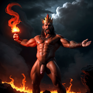 Cneo Pompeyo Magno desnudo con pene grande y testículos grandes peludos. Dobla el brazo derecho para enseñar los bíceps del brazo derecho con gran orgullo. Tiene mucho vello por todo el cuerpo. Está bronceado. Tiene corona de oro. Tiene alas de diablo negras y rojas oscuro. Tiene un chorro de humo en su boca. Tienen una llama de fuego en su boca. Los brazos están hacia arriba implorando rayos y fuego. Tiene un chorro de fuego en el pene que sale a chorros rojos hacia arriba de su pene erecto tieso hacia arriba. Sus ojos son grandes y rojos. Está enseñando sus grandes testículos. Tiene testículos grandes y oscuros. Está alumbrado con mucha luz roja por todo el cuerpo. Es muy atractivo. Está rodeado de llamas y humo. Tienen cara de maldad y con barba. Tiene sandalias negras y se ven los pies