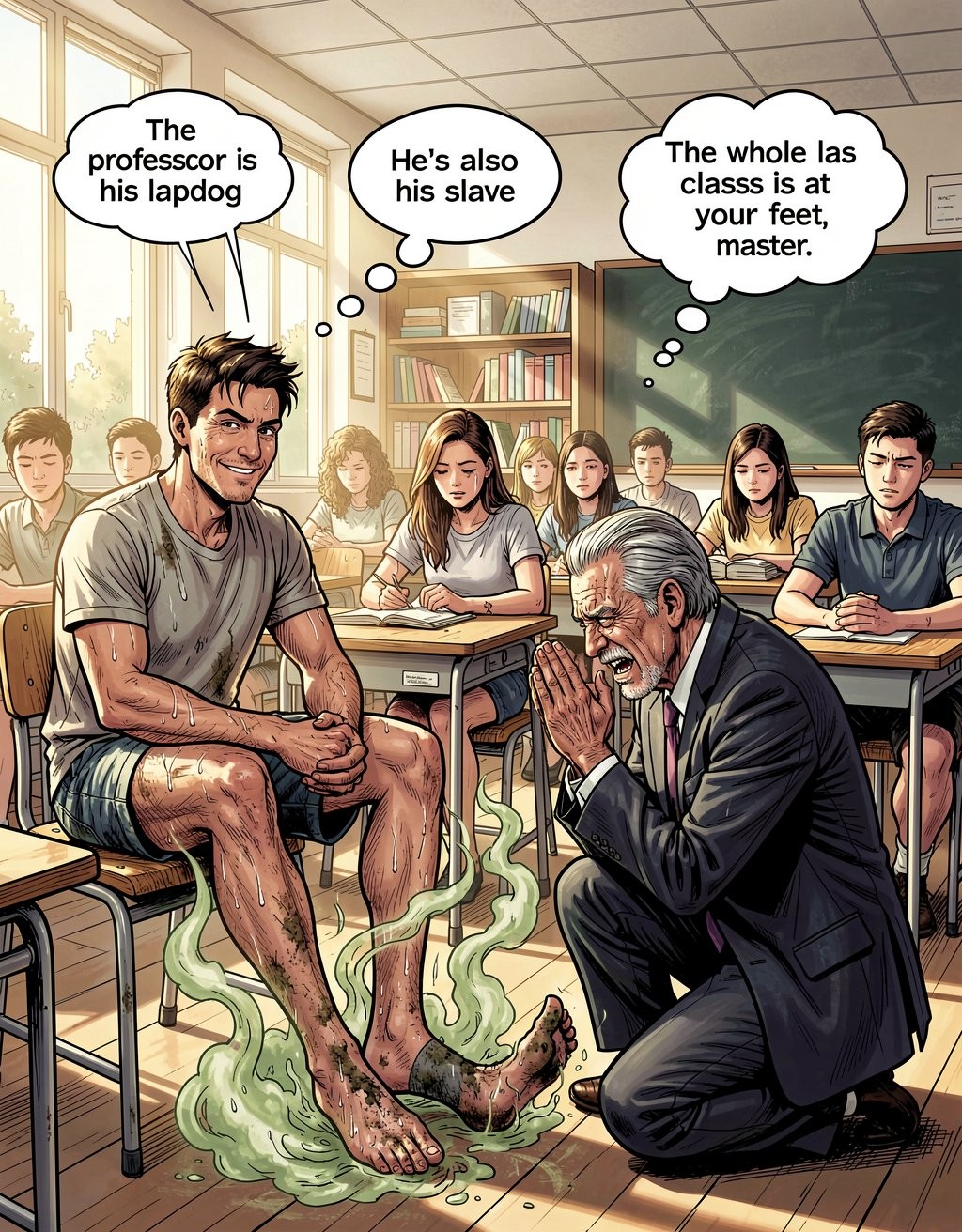 Comic-style illustration set in a bright classroom, with several students sitting at their desks while a barefoot young man, wearing a gray T-shirt and shorts, occupies a chair at the front and smiles with a dominant attitude. Green vapors emerge from his dirty feet, suggesting a bad smell, gathered around the floor and the sandals, while an older teacher in a suit kneels before him, clasping his hands in a gesture of submission and devotion. The speech bubbles in English reinforce the humiliating dynamic: other students think that “the teacher is his lapdog,” that “he’s also his slave,” and that “the whole class is at your feet, master.” The background shows a blackboard, a bookshelf with books, windows, and classmates silently watching.