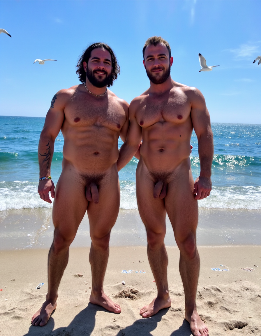 Día de Año Nuevo 2026. Dos hombres llamados Juan y Pedro, tienen los pies descalzados pero están totalmente desnudos. 

Juan es un hombre de 50 años de edad, muy atlético y tiene sus músculos muy definidos y es muy peludo, está totalmente desnudo, tiene un pene largo erecto de 36cm de longitud y 9cm de diámetro, tiene cabello negro largo ondulado y desordenado, tiene mucho vello pectoral, tiene piernas masculinas con abundante vello, tiene brazos peludos,  su cara tiene forma cuadrada tiene mentón prominente con hoyuelo muy pronunciado y muy masculino, su barba está bien afeitada y su cara está muy limpia resaltando sus facciones masculinas. 

Pedro es un hombre de 58 años de edad con músculos marcados sin grasa, está totalmente desnudo, tiene un pene largo de 39 cm de longitud y 9 cm de diámetro, tiene cabello pelirrojo rizado abundante y largo de color rojo, tiene abundante vello pelirrojo pectoral de color rojo oscuro en abundancia, tiene piernas masculinas con mucho vello, tiene brazos peludos y muy masculinos. Pedro tiene presencia atlética y es muy peludo, mucho pelo por todo su cuerpo. 

Pedro y Juan enseñan sus músculos muy marcados y bien definidos, están de pie en la arena de la playa con olas azules y con el Sol reflejándose sobre el agua del mar mientras vuelan dos gaviotas. En la arena de la playa está trazado el texto: 