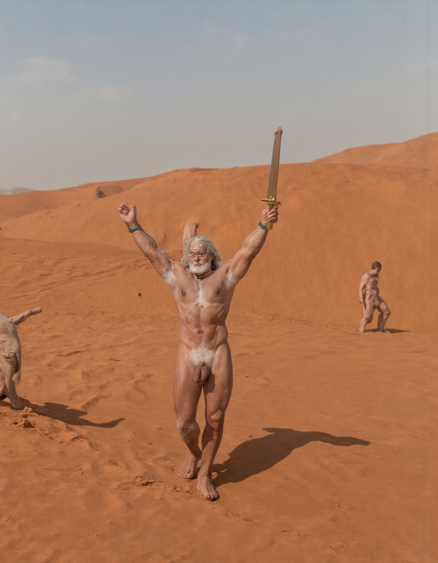 Enrique es un hombre muy delgado de 50 años, tiene cabello largo con canas blancas, tiene barba blanca abundante y larga. Está totalmente desnudo, en sus manos lleva una espada de oro alzada hacia el cielo. Tiene un cuerpo muy delgado con músculos marcados y definidos. 💪🏼. Tiene un pene erecto de 36,8 cm de longitud y 7,9 cm de diámetro. Tiene mucho vello corporal blanco que cubre su pecho brazos y piernas. Está en la arena del desierto entre grandes dunas de arena color terracota.

Federico es un hombre delgado de 32 años con una barba rubia oscura abundante , está totalmente desnudo, tiene un cuerpo atlético y vigoroso, tiene mucho vello corporal rubio oscuro que cubre su pecho y también sus brazos y sus piernas, tiene una barba muy poblada de pelo rubio oscuro. Federico está en la arena del desierto. Tiene un pene erecto de 35,5 cm de longitud y 8,8 cm de diámetro que sobresale por encima de sus testículos que están a la vista y son muy peludos. Penes están erectos y excitados sexualmente. Enrique y Federico tienen sus cuerpos bronceados por el Sol.